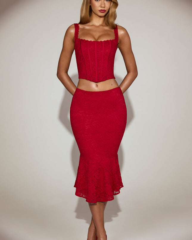 True Red Lace Mid-Rise Fluted Midi Skirt