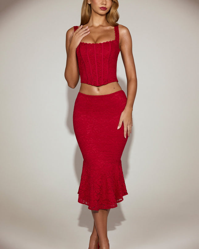 True Red Lace Mid-Rise Fluted Midi Skirt