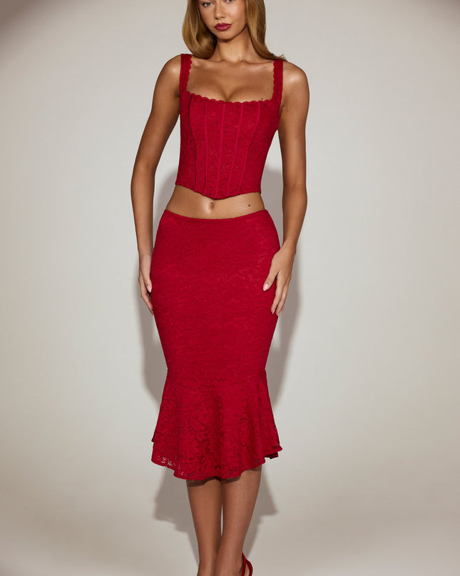 True Red Lace Mid-Rise Fluted Midi Skirt