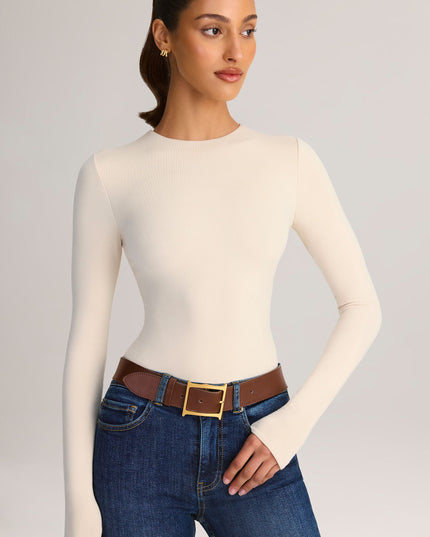Cream Modal Round-Neck Long-Sleeve Bodysuit