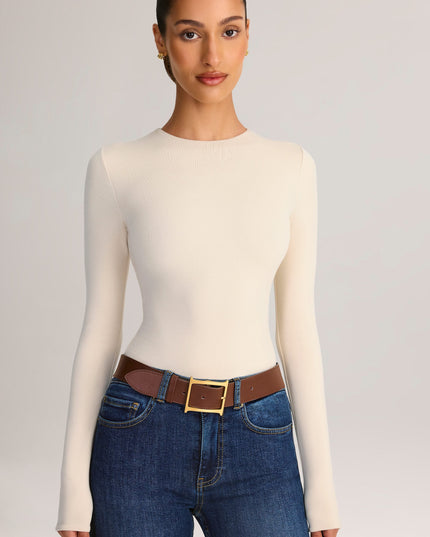 Cream Modal Round-Neck Long-Sleeve Bodysuit