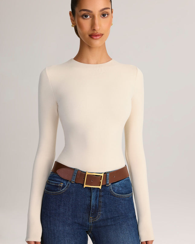Cream Modal Round-Neck Long-Sleeve Bodysuit