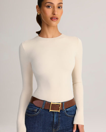 Cream Modal Round-Neck Long-Sleeve Bodysuit