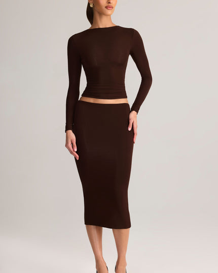Chocolate Brown Modal Mid-Rise Pencil Midi Skirt