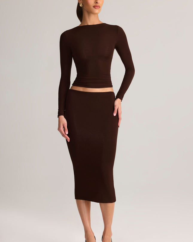 Chocolate Brown Modal Mid-Rise Pencil Midi Skirt