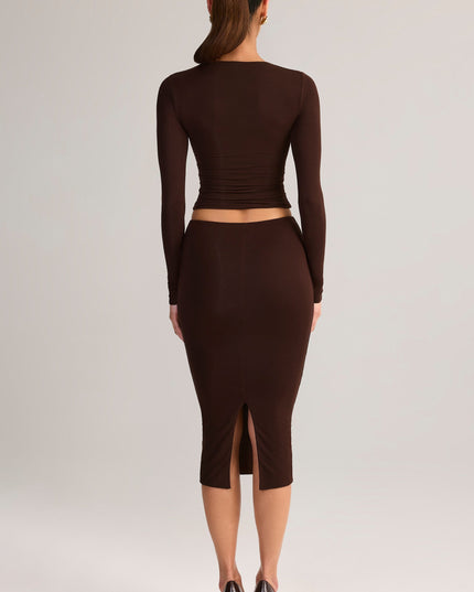 Chocolate Brown Modal Mid-Rise Pencil Midi Skirt