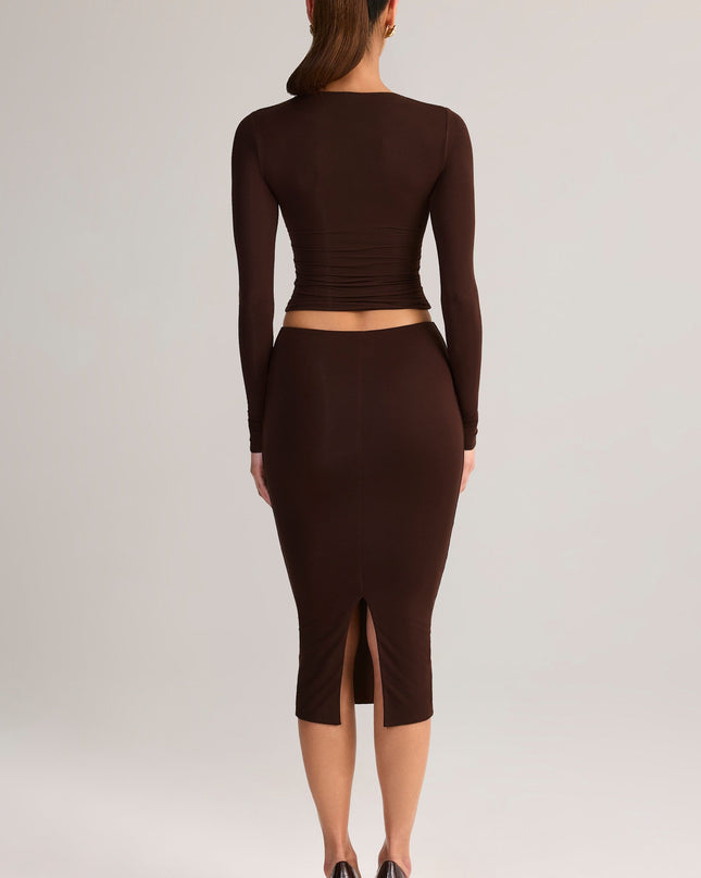 Chocolate Brown Modal Mid-Rise Pencil Midi Skirt