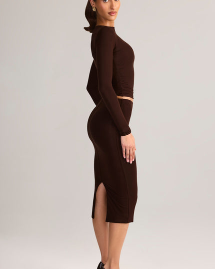 Chocolate Brown Modal Mid-Rise Pencil Midi Skirt