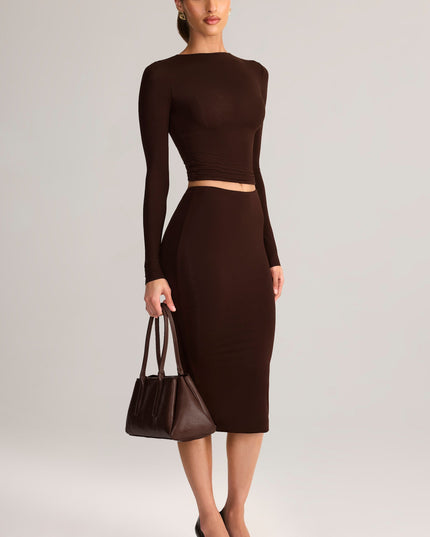 Chocolate Brown Modal Mid-Rise Pencil Midi Skirt