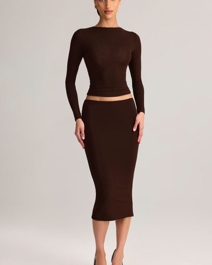 Chocolate Brown Modal Mid-Rise Pencil Midi Skirt