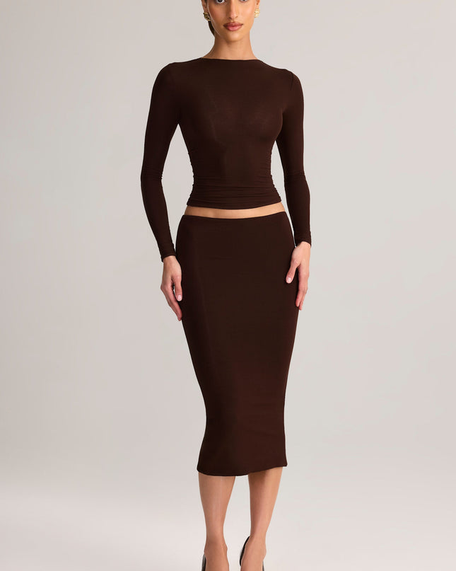 Chocolate Brown Modal Mid-Rise Pencil Midi Skirt