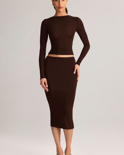 Chocolate Brown Modal Mid-Rise Pencil Midi Skirt