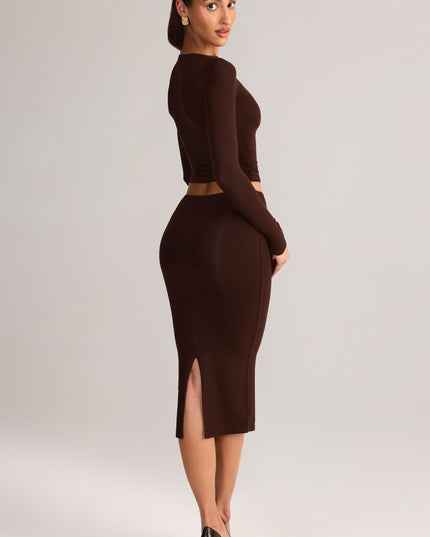 Chocolate Brown Modal Mid-Rise Pencil Midi Skirt