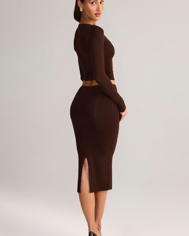 Chocolate Brown Modal Mid-Rise Pencil Midi Skirt
