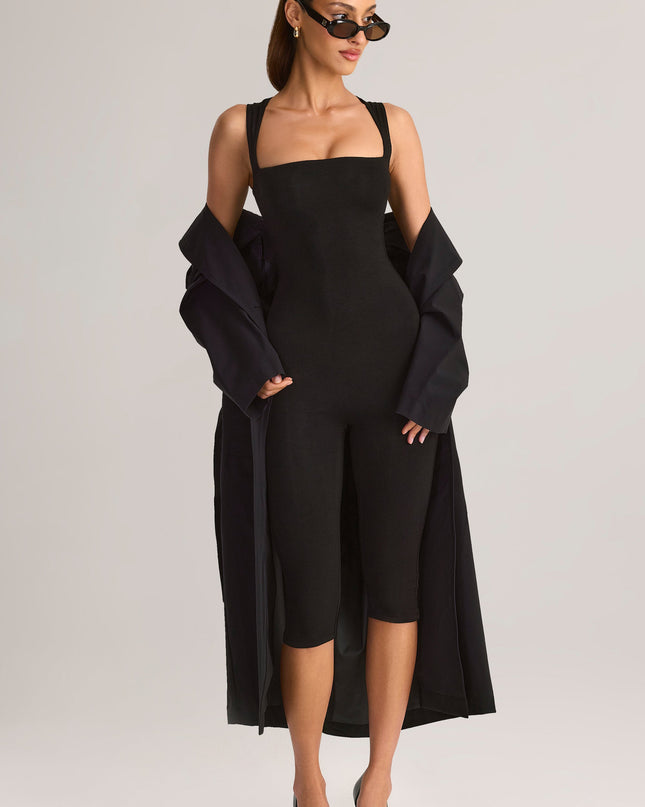 Black Modal Square-Neck Bodycon Capri Jumpsuit