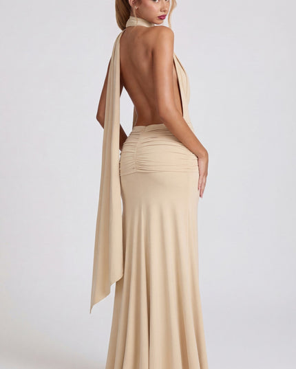 Champagne Soft-Jersey Plunge Halterneck Maxi Dress