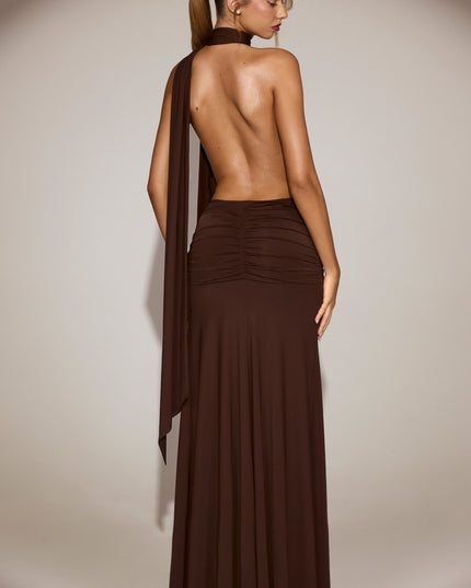 Chocolate Brown Soft-Jersey Plunge Halterneck Maxi Dress