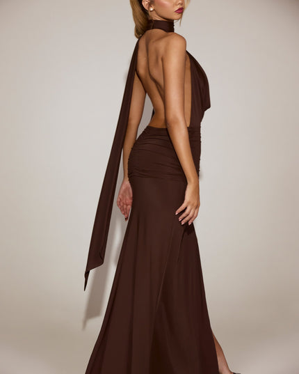Chocolate Brown Soft-Jersey Plunge Halterneck Maxi Dress