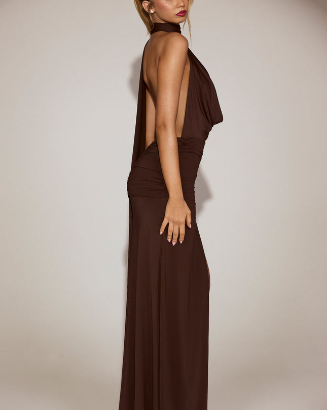 Chocolate Brown Soft-Jersey Plunge Halterneck Maxi Dress