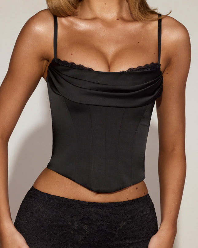Black Satin Cowl-Neck Lace-Up Corset Top