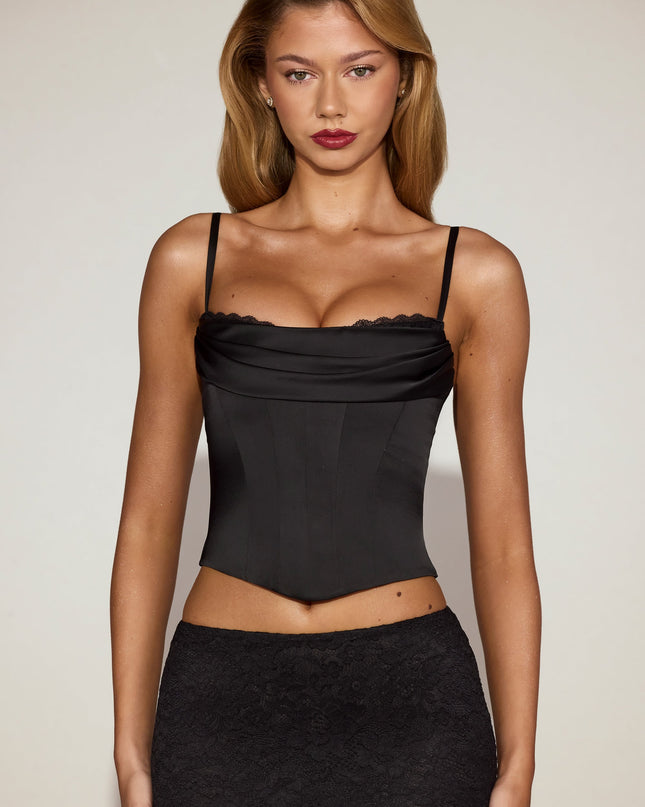 Black Satin Cowl-Neck Lace-Up Corset Top