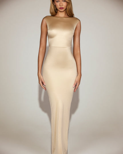 Champagne Satin Boat-Neck Twist-Back Maxi Dress