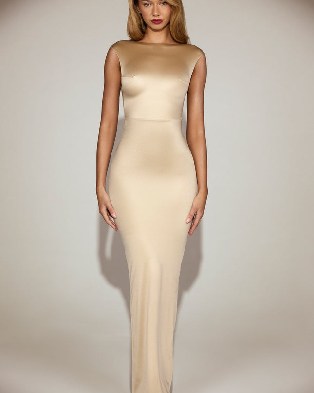 Champagne Satin Boat-Neck Twist-Back Maxi Dress