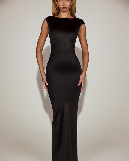 Black Satin Boat-Neck Twist-Back Maxi Dress