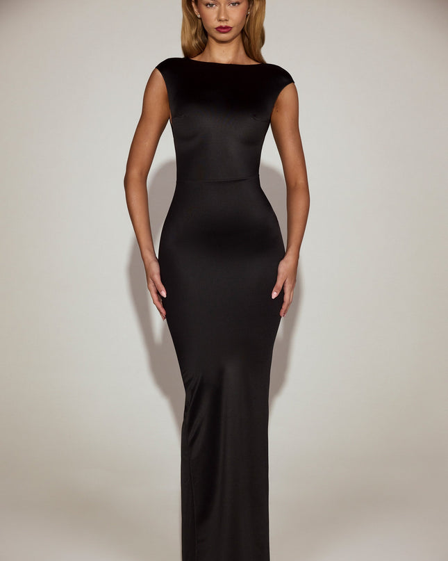 Black Satin Boat-Neck Twist-Back Maxi Dress