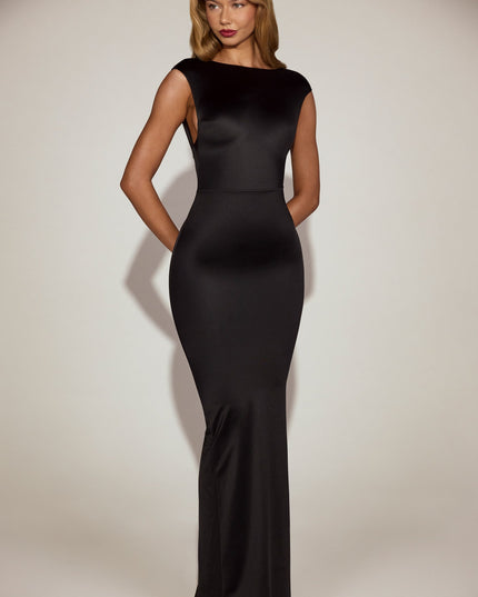 Black Satin Boat-Neck Twist-Back Maxi Dress