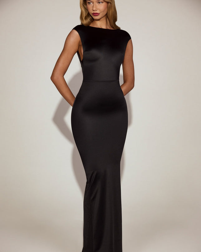 Black Satin Boat-Neck Twist-Back Maxi Dress
