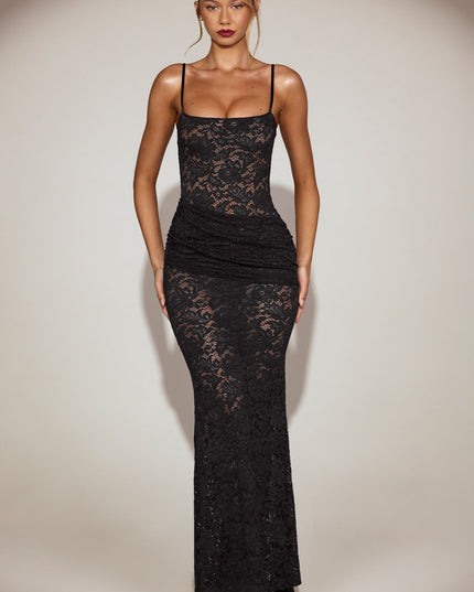 Black Sheer Lace Square-Neck Ruched Gown