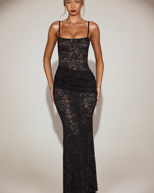 Black Sheer Lace Square-Neck Ruched Gown