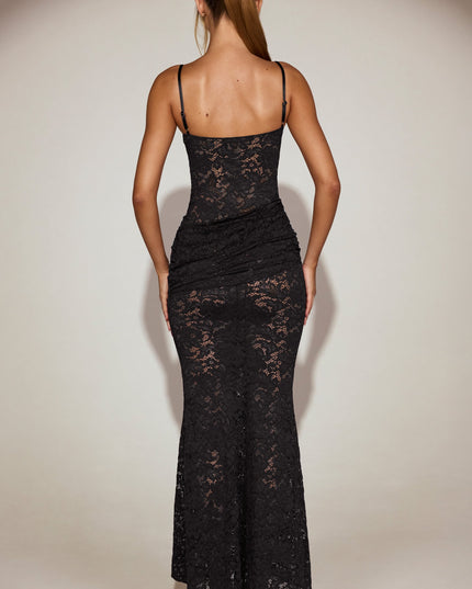 Black Sheer Lace Square-Neck Ruched Gown