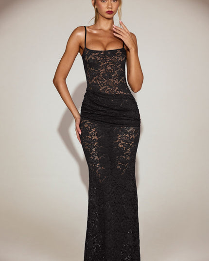 Black Sheer Lace Square-Neck Ruched Gown