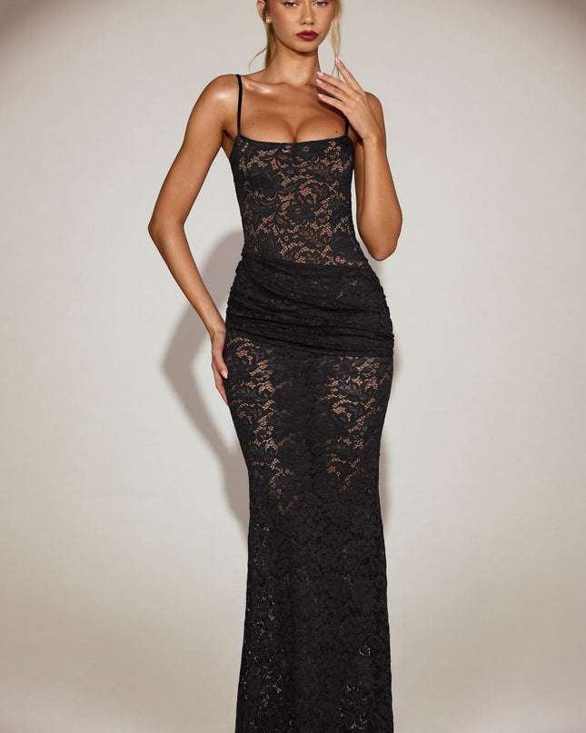 Black Sheer Lace Square-Neck Ruched Gown