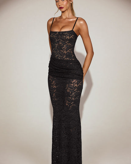Black Sheer Lace Square-Neck Ruched Gown