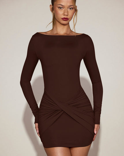 Chocolate Brown Soft-Jersey Boat-Neck Draped Mini Dress