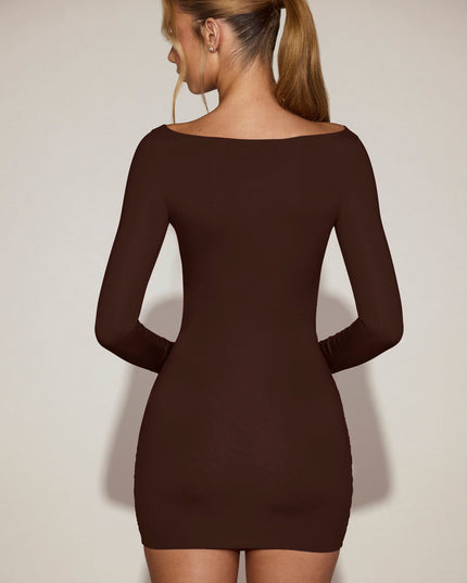 Chocolate Brown Soft-Jersey Boat-Neck Draped Mini Dress