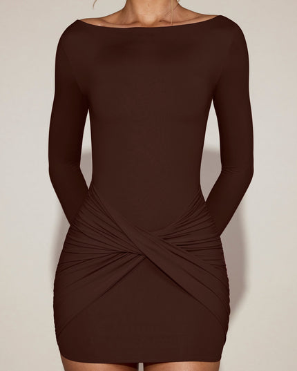 Chocolate Brown Soft-Jersey Boat-Neck Draped Mini Dress
