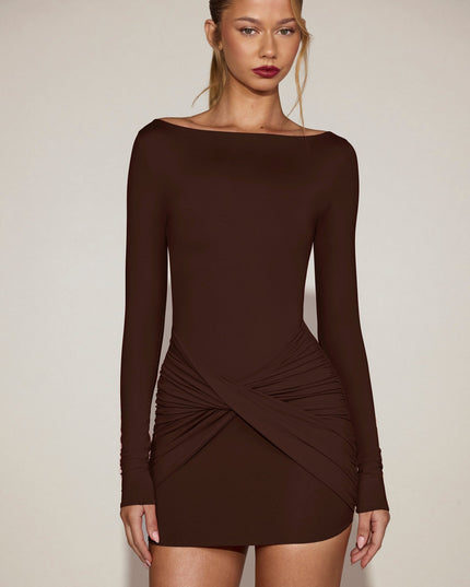 Chocolate Brown Soft-Jersey Boat-Neck Draped Mini Dress