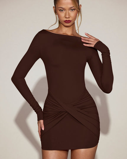 Chocolate Brown Soft-Jersey Boat-Neck Draped Mini Dress