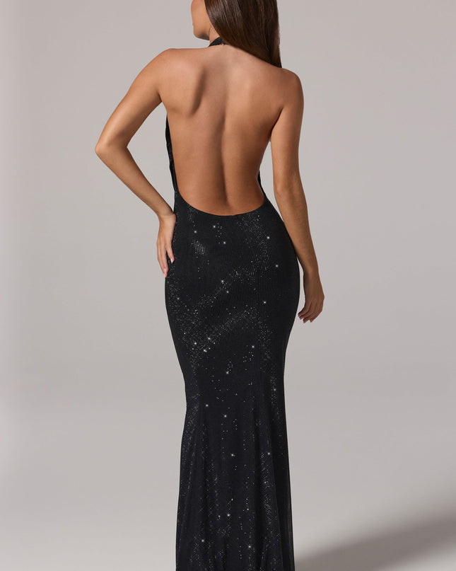 Black Embellished Cowl-Neck Backless Gown
