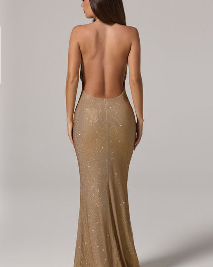 Gold Embellished Cowl-Neck Backless Gown