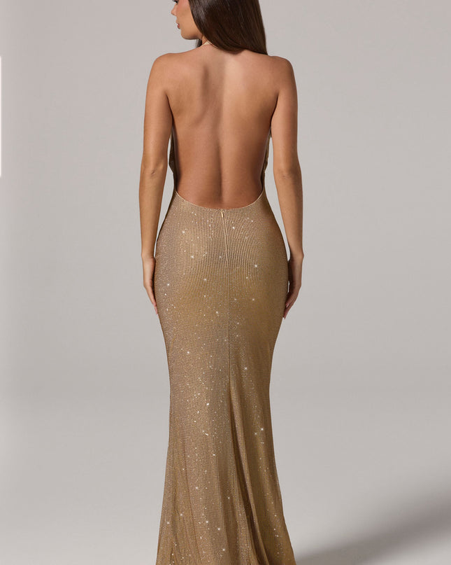Gold Embellished Cowl-Neck Backless Gown