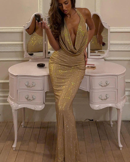 Gold Embellished Cowl-Neck Backless Gown