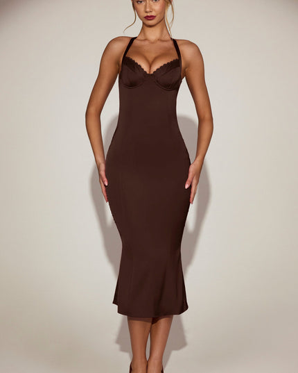 Chocolate Brown Satin Sweetheart Bustier Fishtail Midaxi Dress