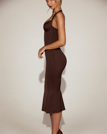 Chocolate Brown Satin Sweetheart Bustier Fishtail Midaxi Dress
