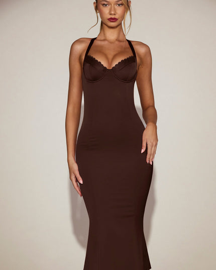 Chocolate Brown Satin Sweetheart Bustier Fishtail Midaxi Dress