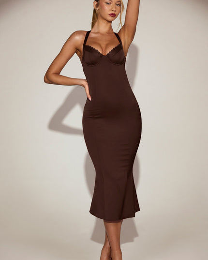 Chocolate Brown Satin Sweetheart Bustier Fishtail Midaxi Dress
